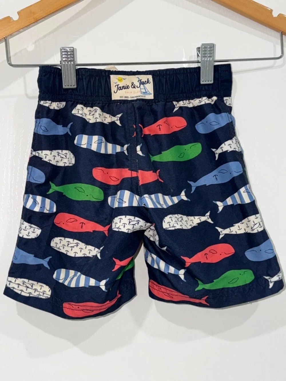 Janie and Jack Navy Whale Print Swim Shorts - Blue/Red/Green size 3